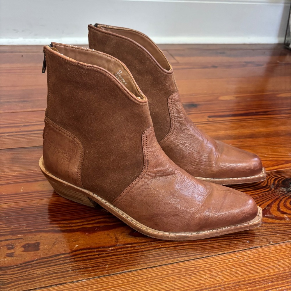 Down East Women 9.5 Brown Leather Suede Ankle Western Pointed Toe Zip Booties